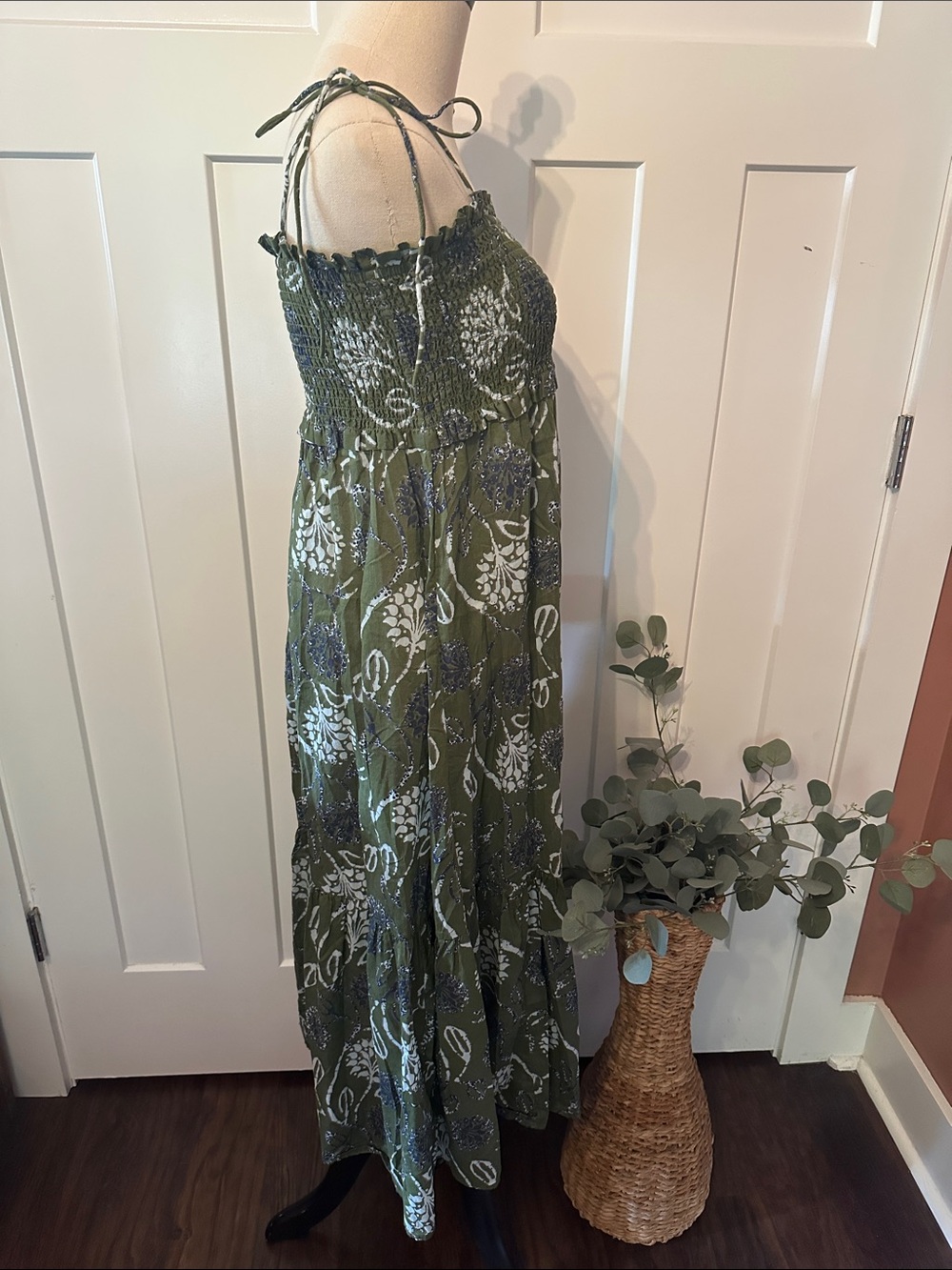 Zara Olive tiers Tie-Shoulder smocked Maxi Navy White floral 100% cotton M dress - Picture 8 of 15